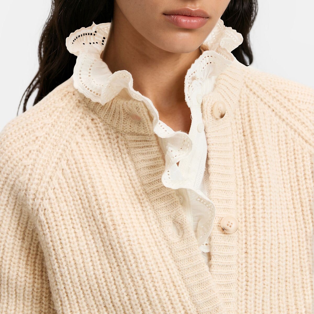 Strickjacke mit Rundhalsausschnitt und Rippmuster ecru, LA REDOUTE COLLECTIONS