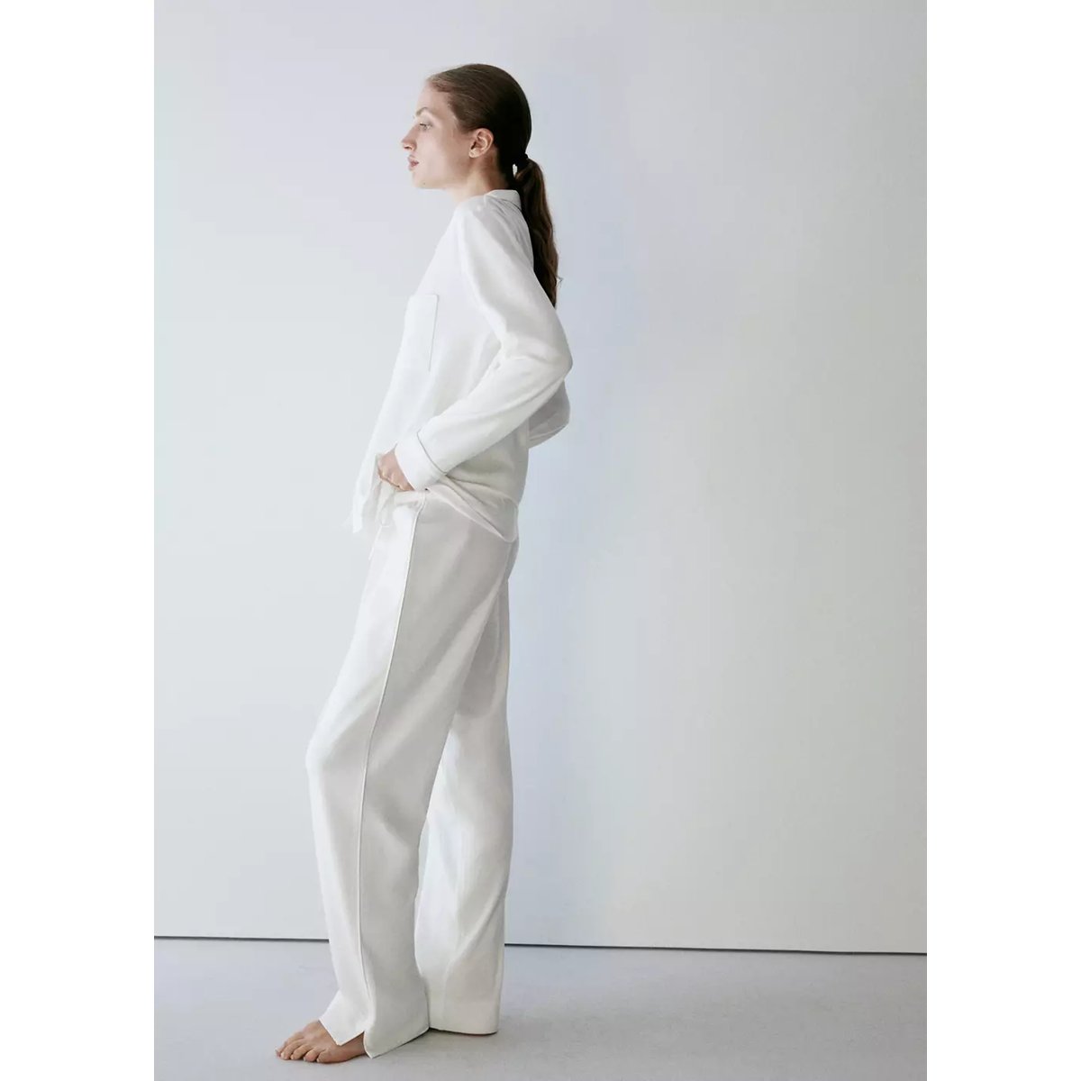 Pantalon de pyjama en coton extensible à taille ajustable blanc, MANGO