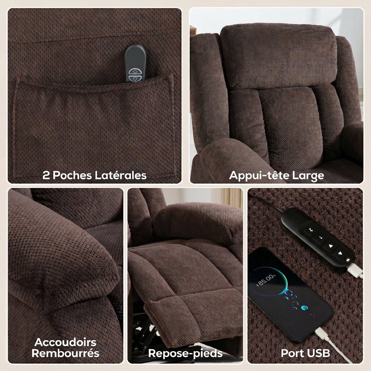 Fauteuil releveur multifonctionnel Velours marron, HOMCOM