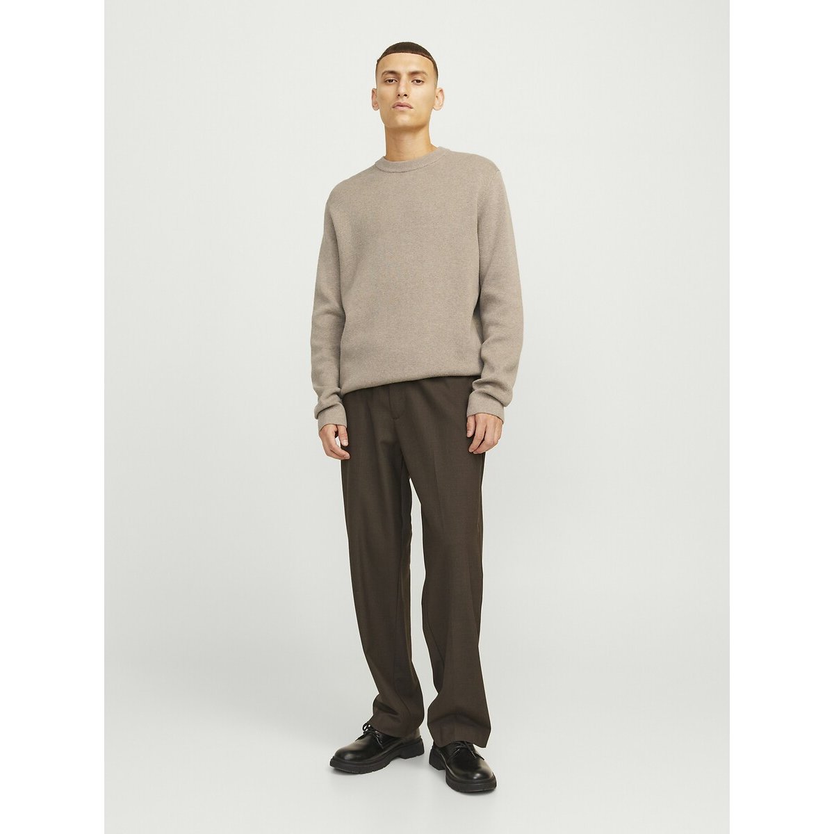 Pull girocollo in maglia beige, JACK & JONES