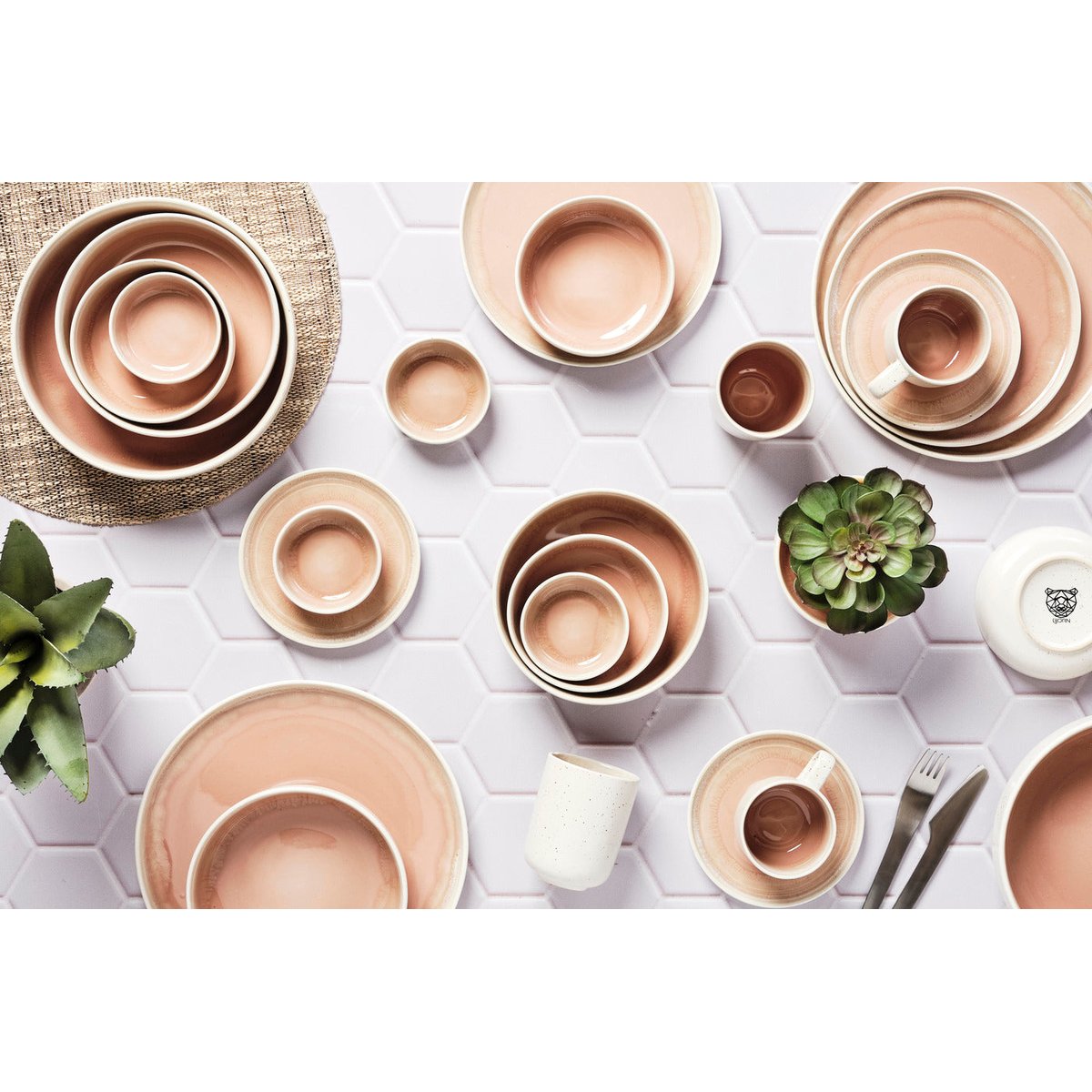Lot de 6 petits bols en grès, OXYGEN dégradé rose poudre et beige, BJORN