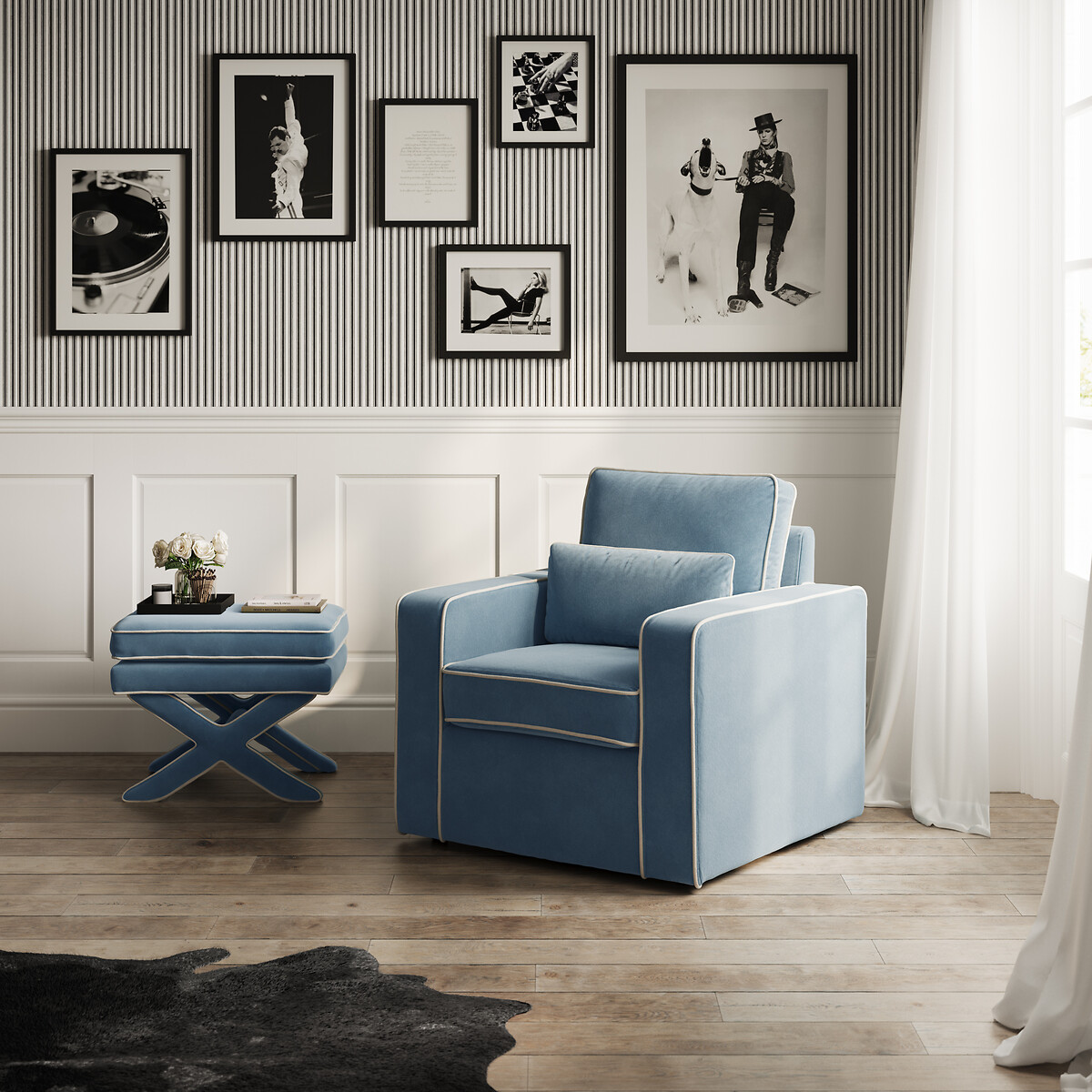 Dunley Contrast Piping Upholstered Armchair blue, ÉDITÉ