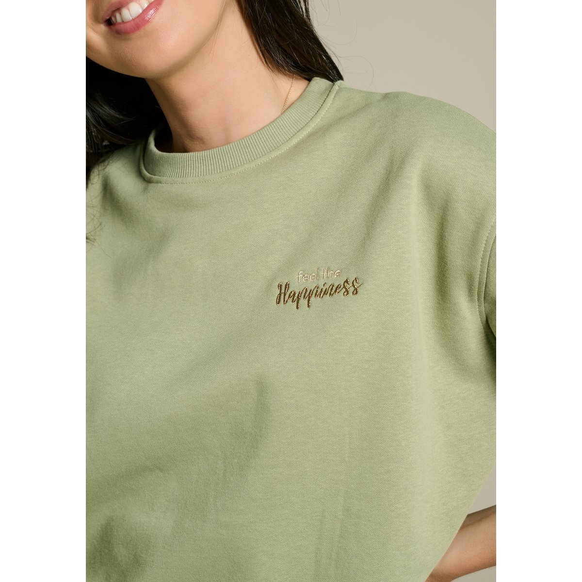 Sweat coupe ample brodé khaki, LOLALIZA