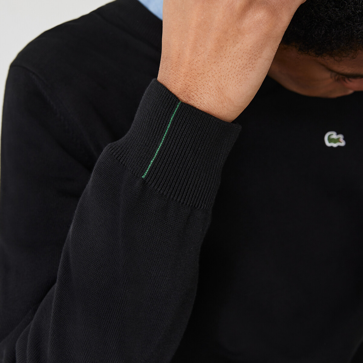 Pull col V en coton bio noir, LACOSTE