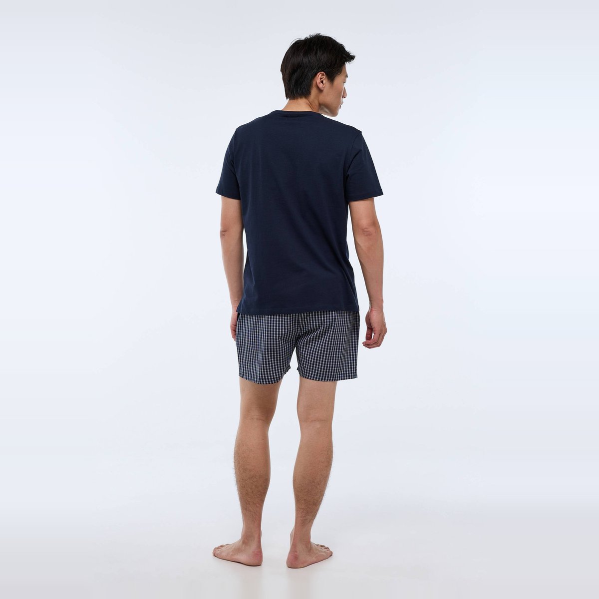 Pyjama t-shirt manches courtes et rayé carreaux en coton marine, MONOPRIX