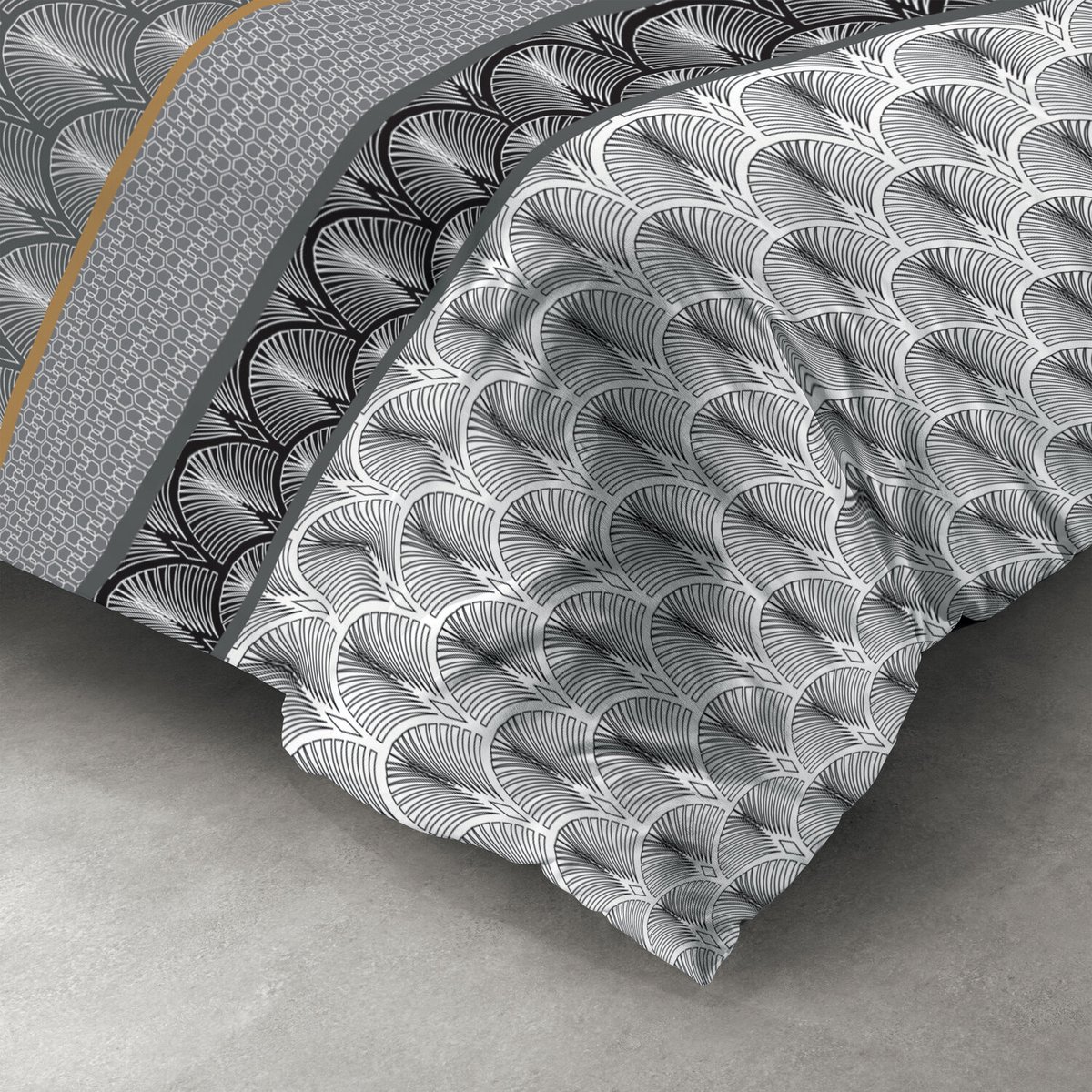Parure housse de couette en coton imprimée, Sakigold gris, C DESIGN HOME TEXTILE