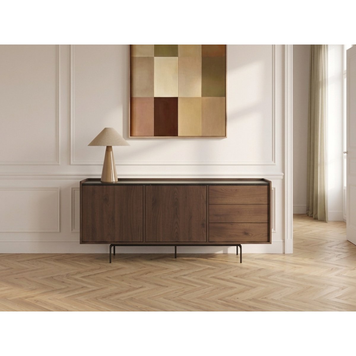 Buffet bas en  2 portes 170 cm, FREDA noir et noyer, BOBOCHIC