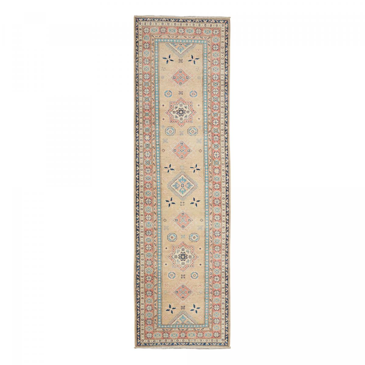 Tapis salon géométrique, noué main en laine, KAZAK CO 62 beige, bleu, rouge, UN AMOUR DE TAPIS