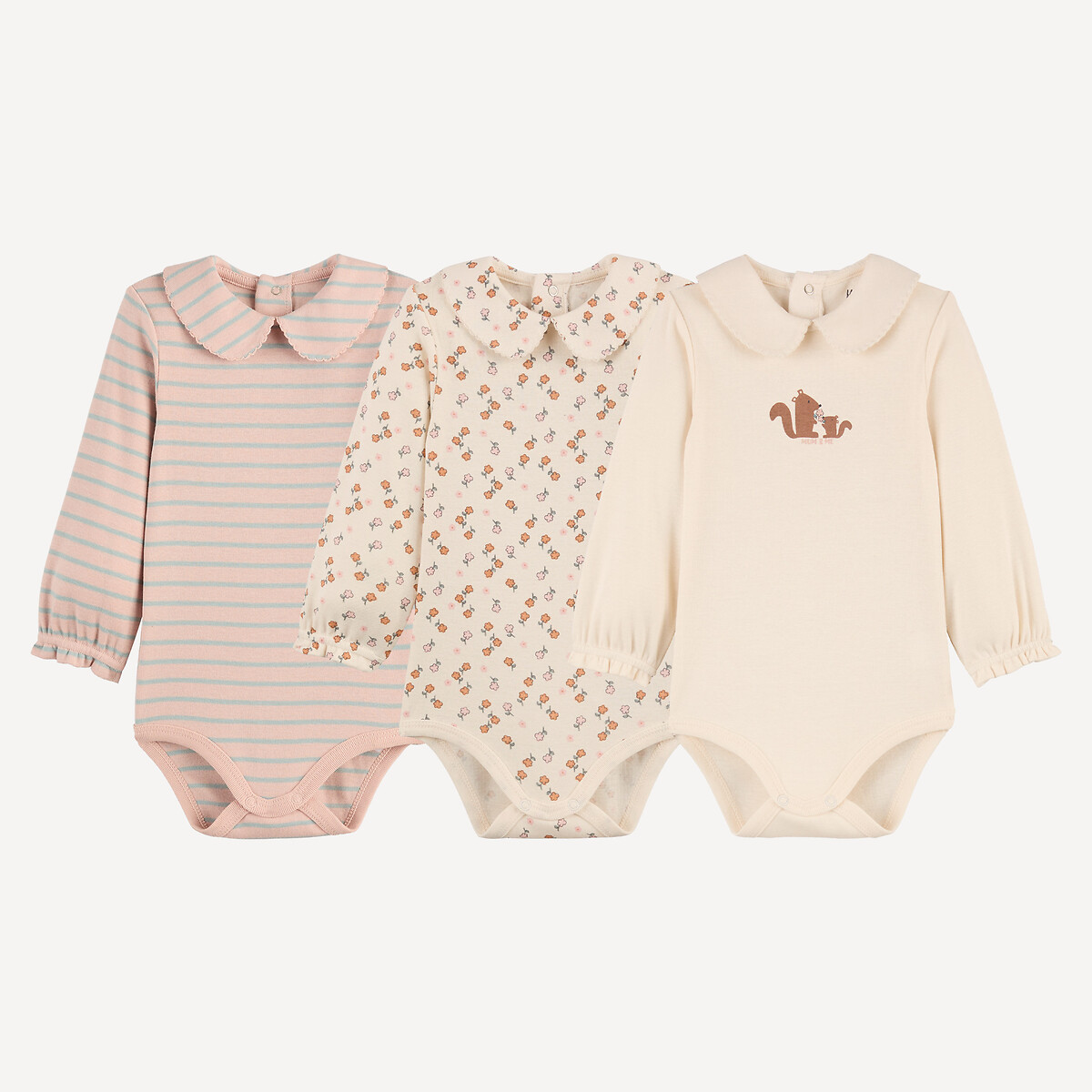 Set di 3 body a maniche lunghe: 1 a righe, 1 con motivo floreale, 1 con motivo a scoiattoli ecru + vert + rose, LA REDOUTE COLLECTIONS
