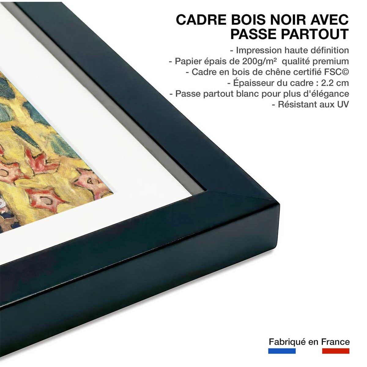 Poster La femme à l'éventail - Gustav Klimt affiche + cadre en bois - noir, HEXOA