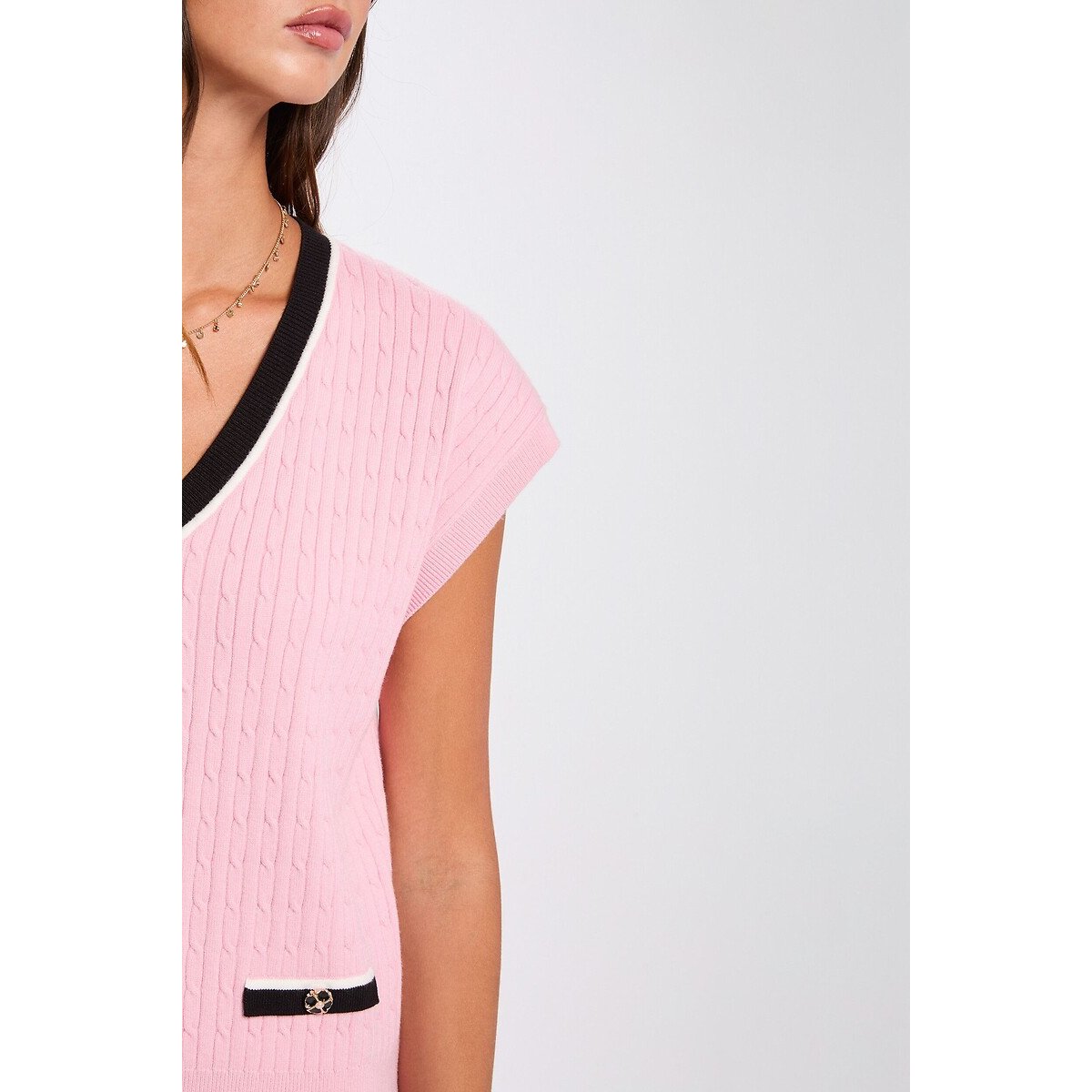 Pull manches courtes col v rose, MORGAN