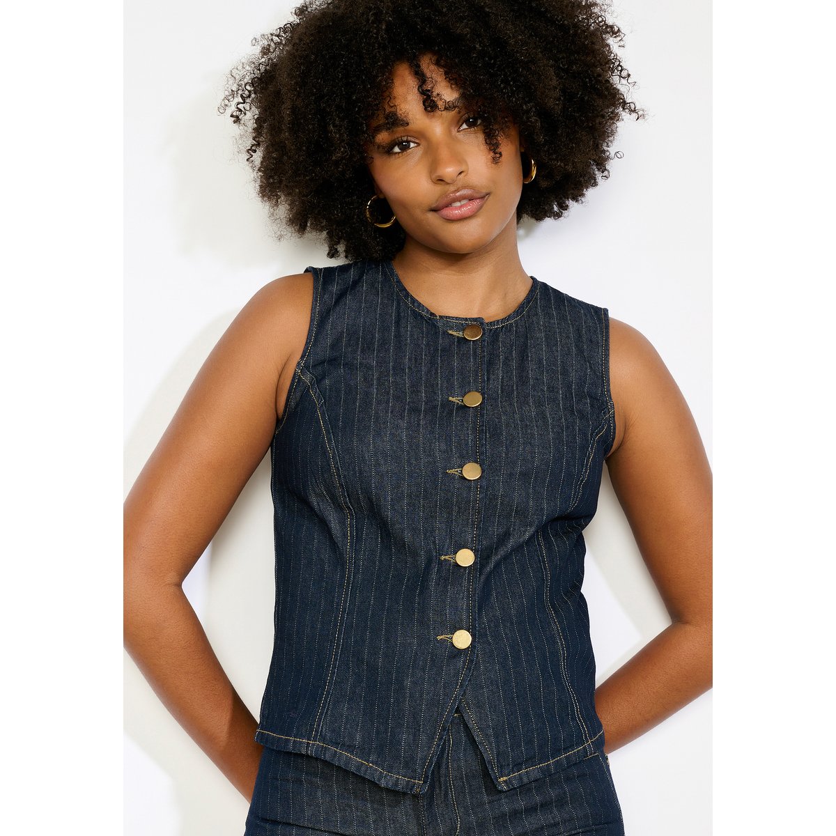 Gilet en denim à rayures fines dark blue, LOLALIZA
