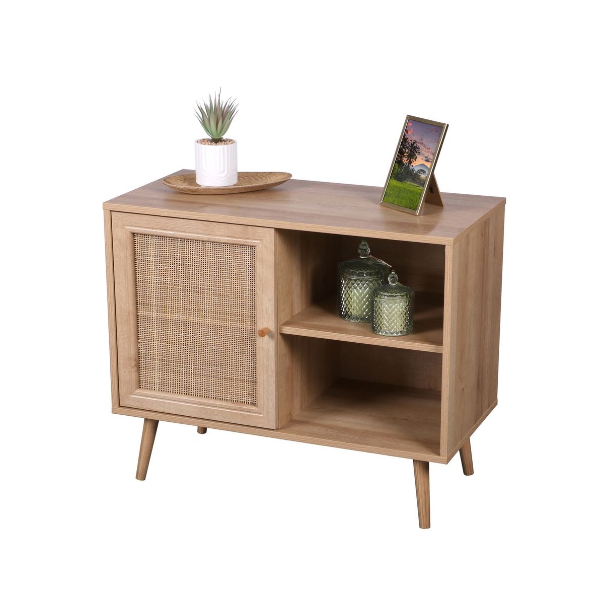 Commode 1 porte et 2 niches effet cannage BALI beige, TOILINUX