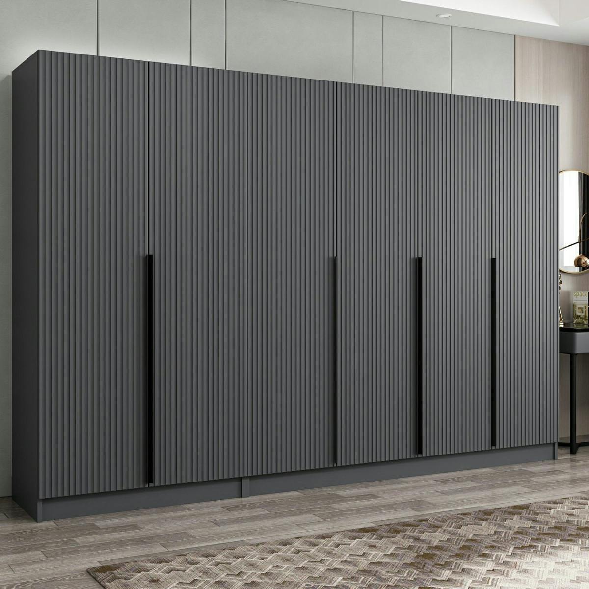 Dressing 6 portes grises rainurées 3 penderies BYRON anthracite, PIER IMPORT