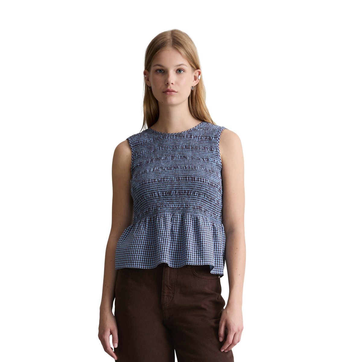 Top péplum en seersucker smocké slim en coton mélangé bleu clair, MARC O’POLO DENIM