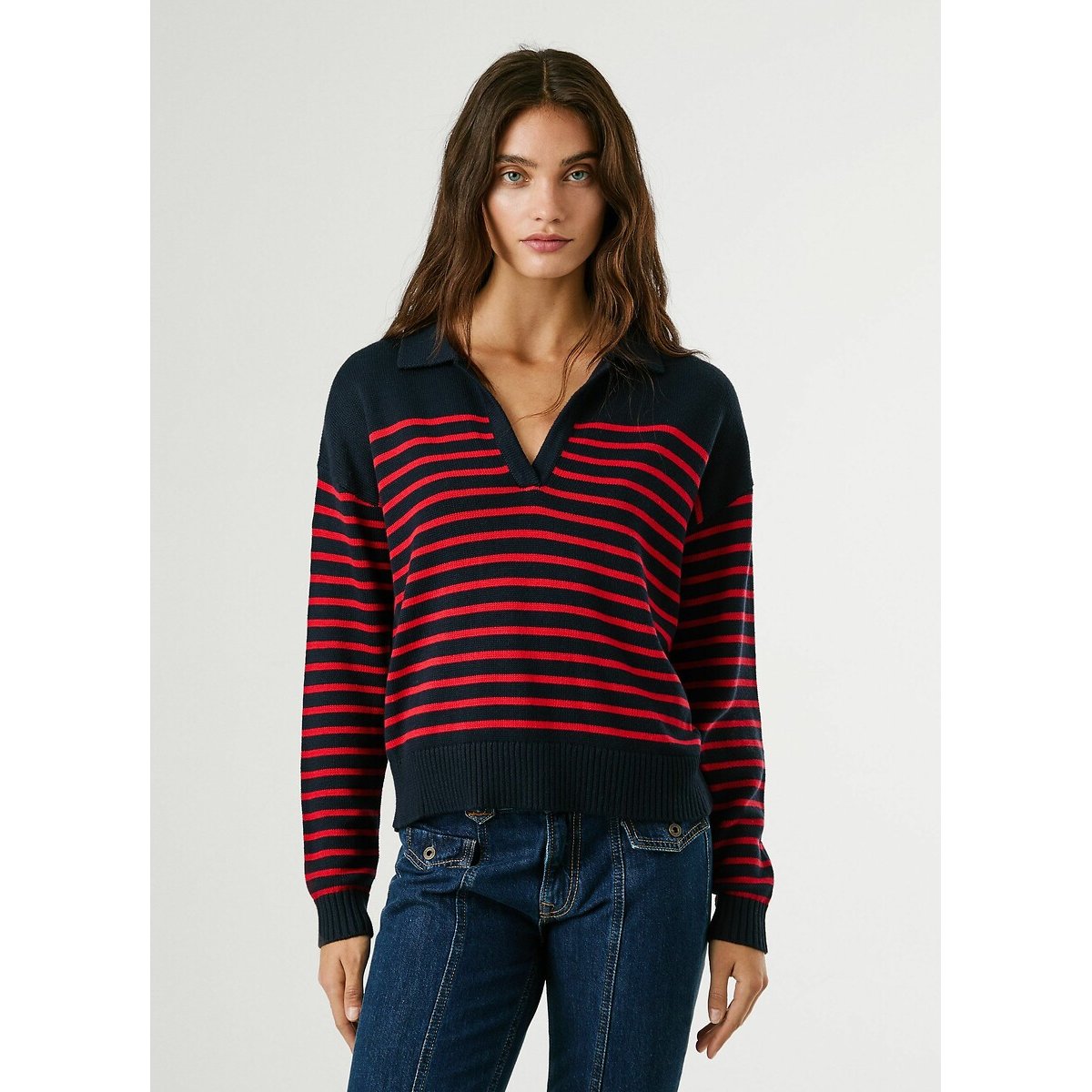 Pull col polo à rayures CARLINA bleu/rouge, PEPE JEANS