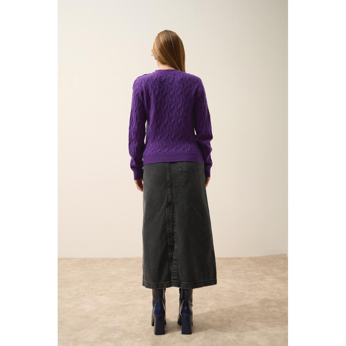 Pull Col Rond Marin 4 Fils Violette Lynd violet, JUST CASHMERE