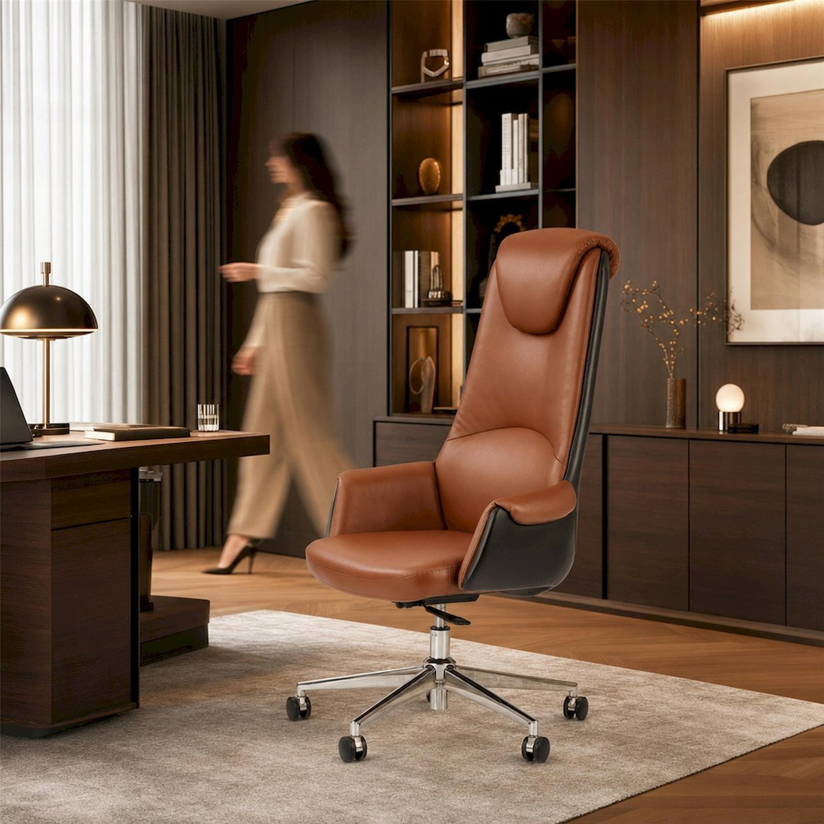 Fauteuil de bureau à haut dossier HOODUCH marron et argent, RECOLLECTION