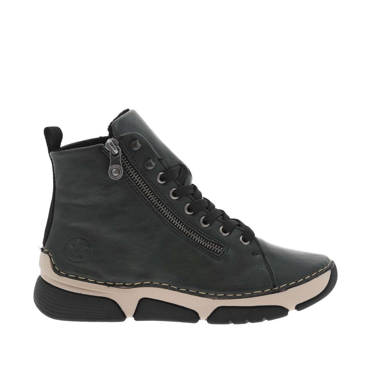 Bottines à talon compensé bas avec des lacets et un zip latéral grises, RIEKER