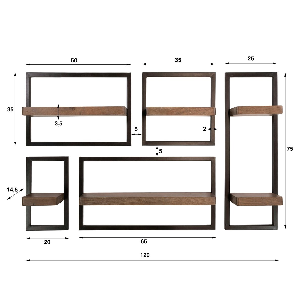 Etagères murales bois d'acacia brun (lot de 5) NAKO marron, PIER IMPORT