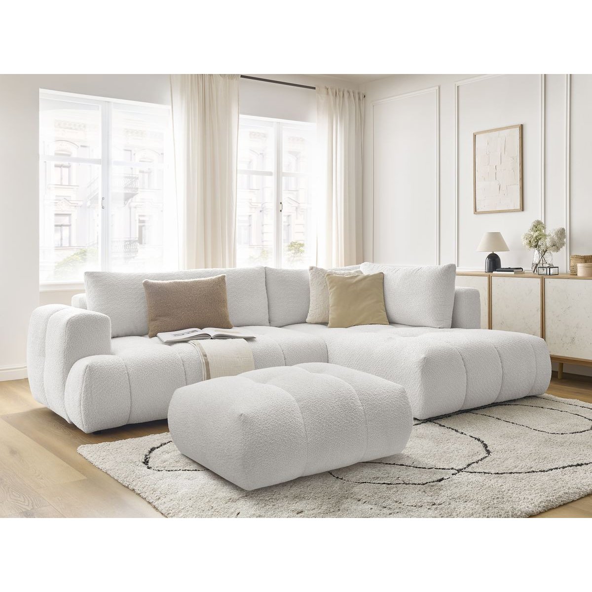 Canapé d'angle convertible 4 places en tissu bouclette avec pouf, FUJI blanc, BOBOCHIC
