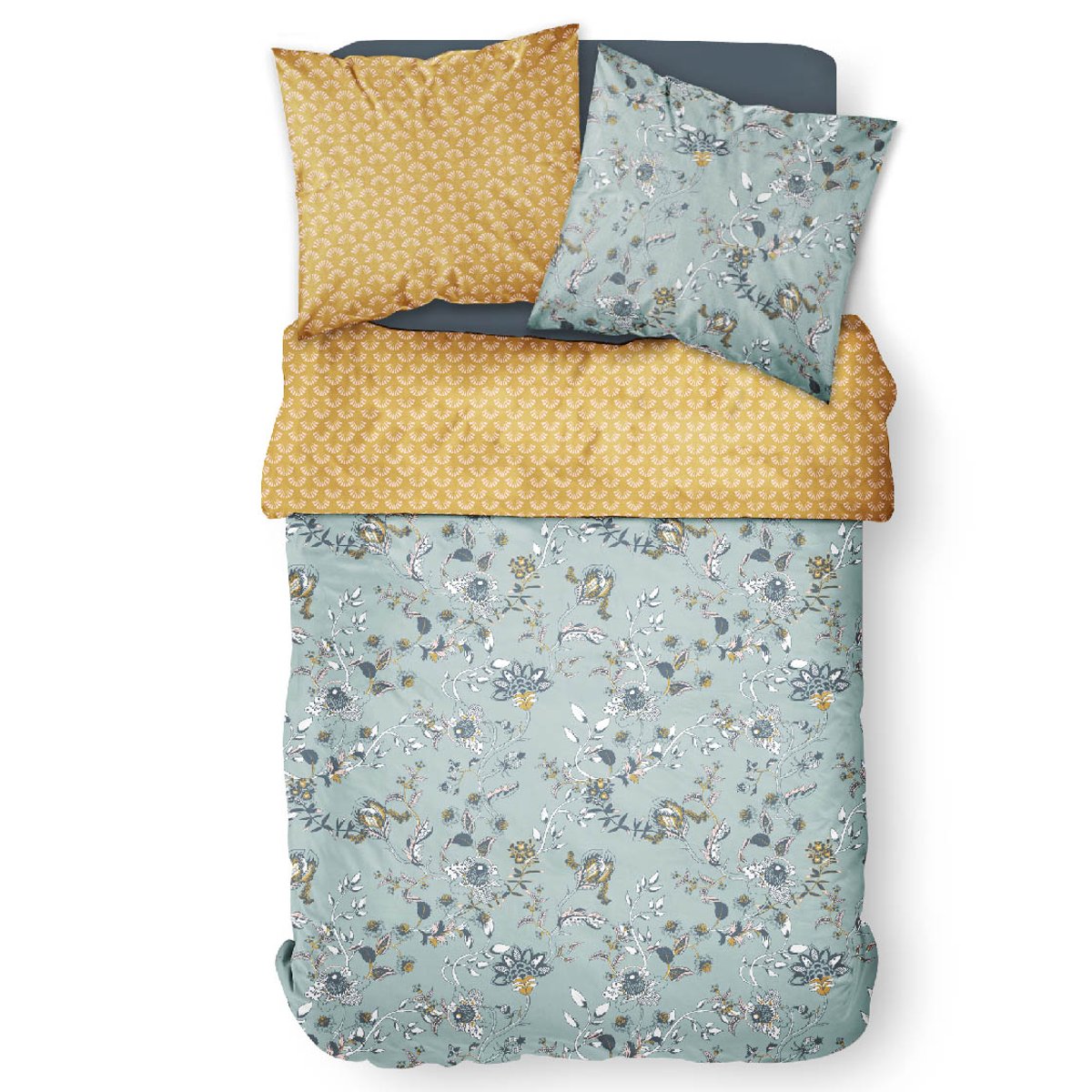 Parure de lit coton 2 personnes imprimé floral SUNSHINE bleu, TODAY