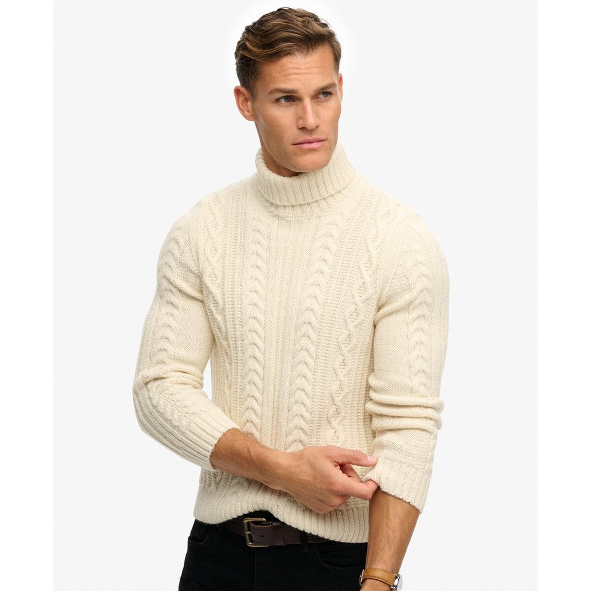 Pull torsadé à col roulé Jacob blanc hivernal, SUPERDRY