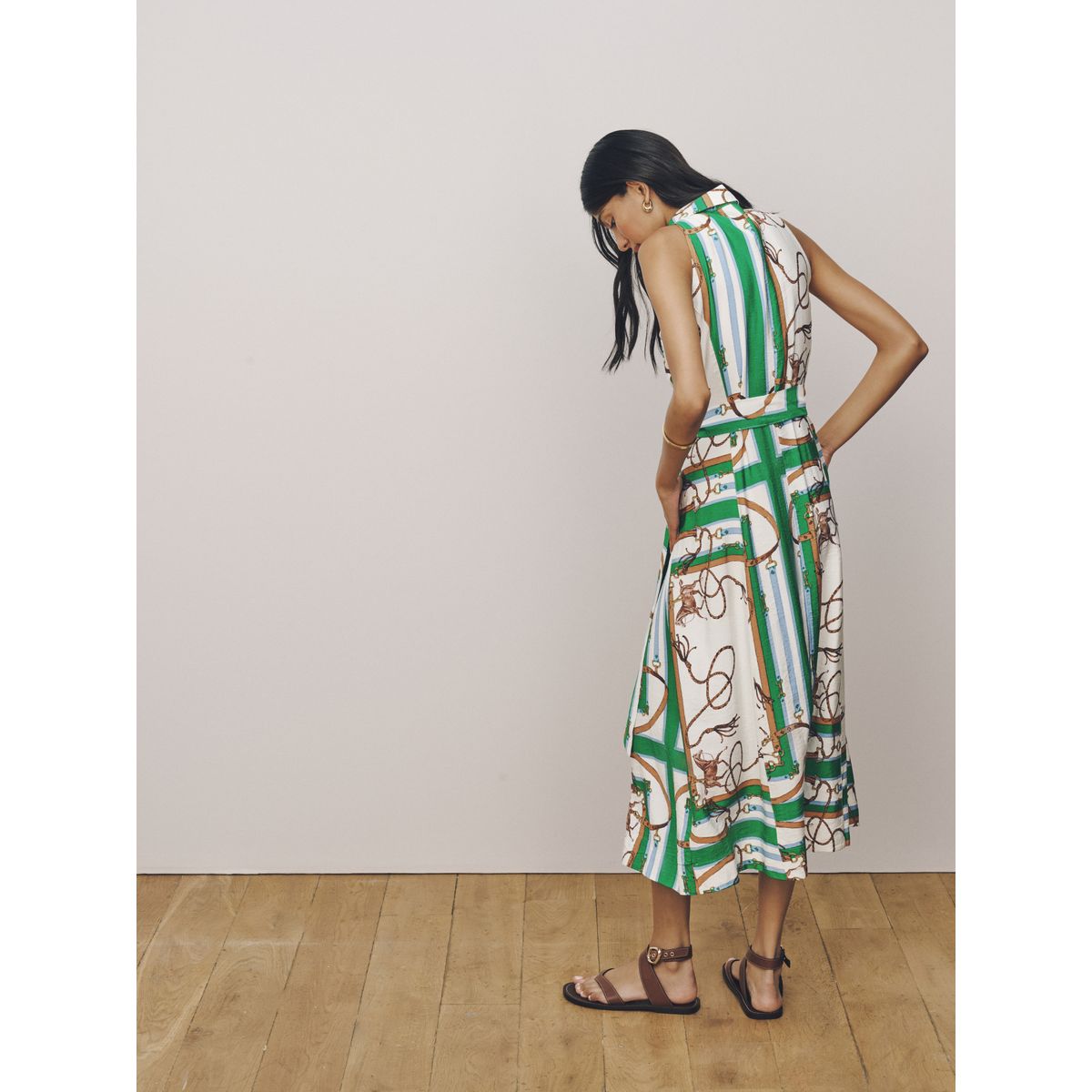 Robe mi-longue dos nu avec ceinture imprimé corde verte/blanche, NEXT