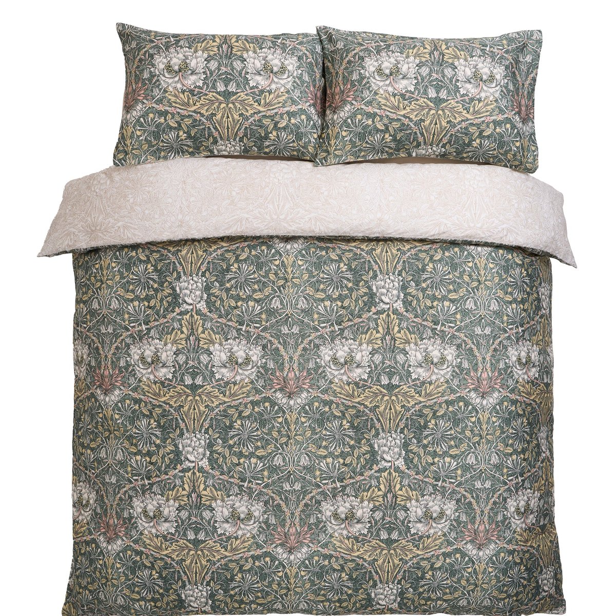 Parure de lit, housse de couette fleurie + 2 taies pour grand  lit 2 personnes Chèvrefeuille et tulipes vert, beige, WILLIAM MORRIS AT HOME