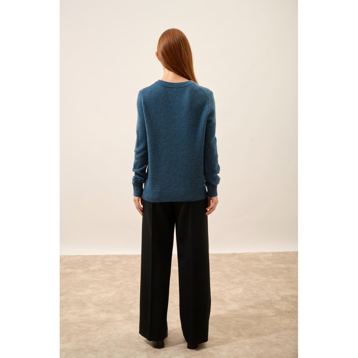 Pull Col Rond 4 Fils Vert Canard Chiné Lexini bleu foncé, JUST CASHMERE