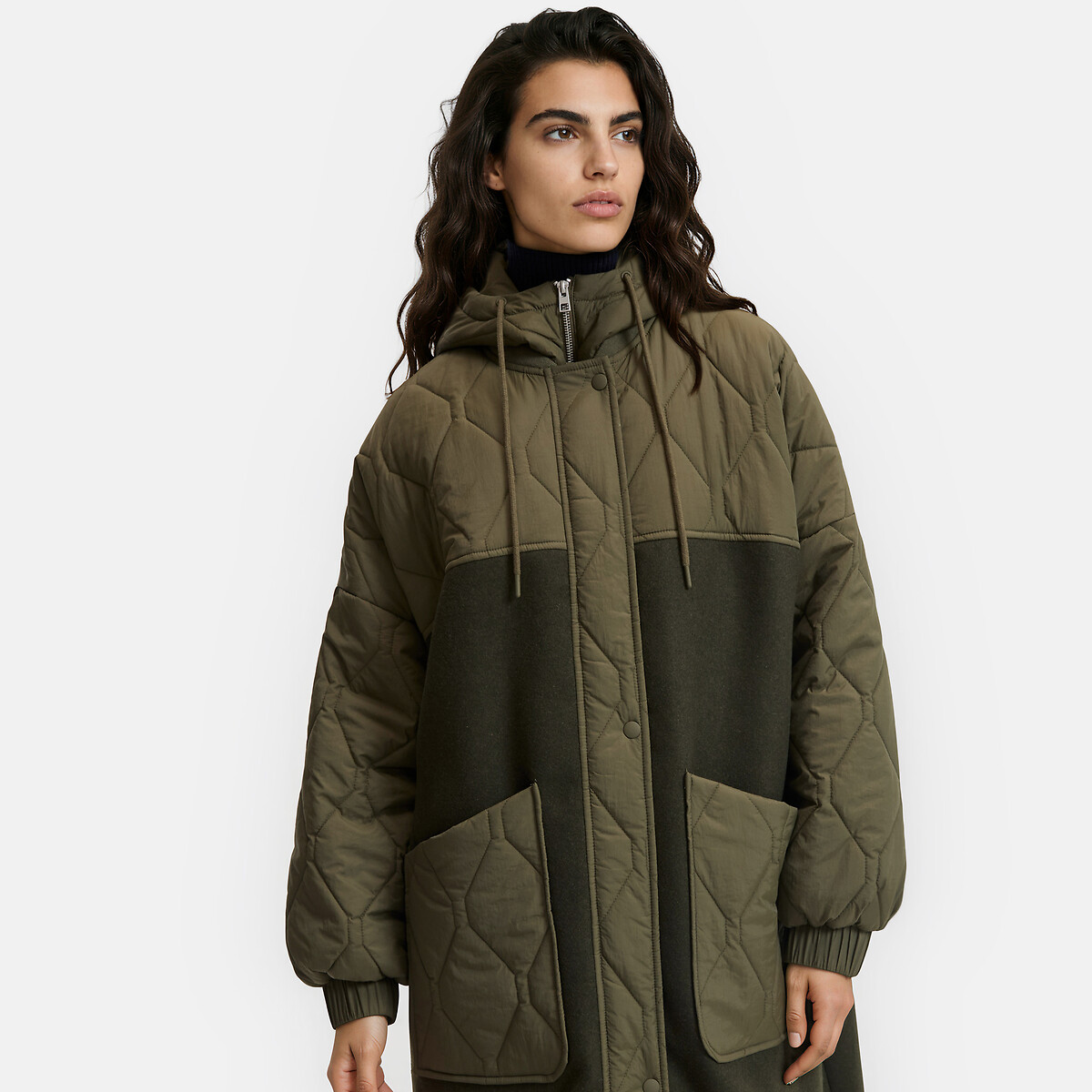 Parka de dos tejidos con capucha desmontable caqui, LA REDOUTE COLLECTIONS