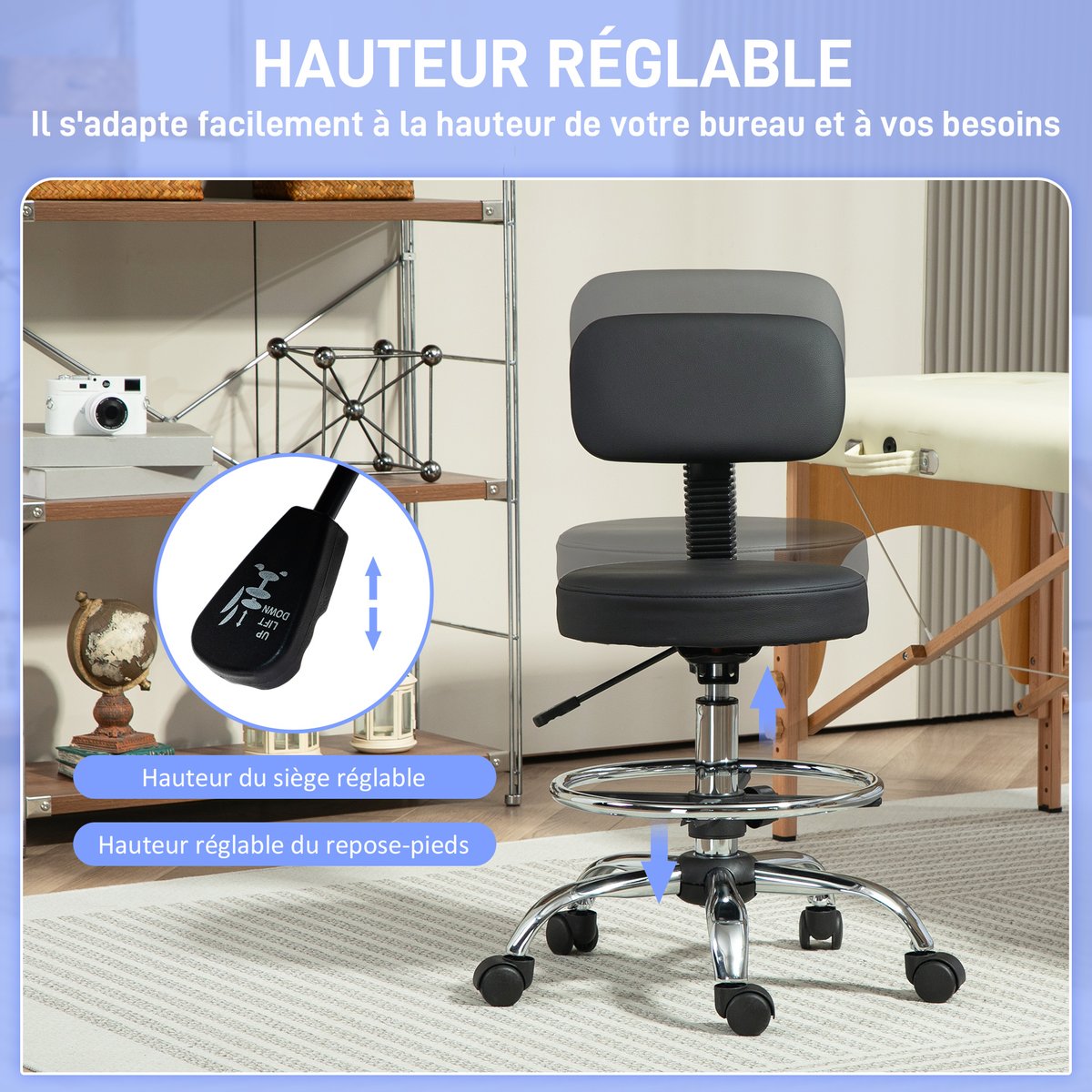Tabouret de salon Cuir synthétique Noir noir, HOMCOM
