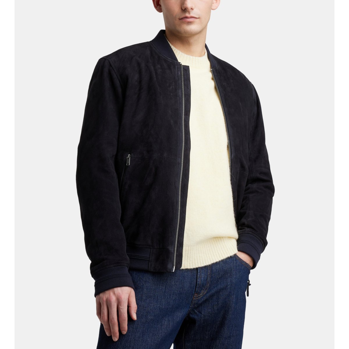 Blouson bomber mapeau en cuir bleu marine, GALERIES LAFAYETTE