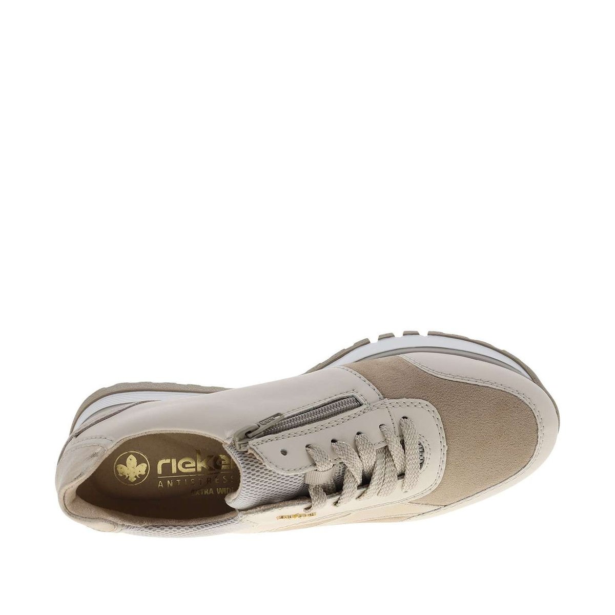 Baskets en cuir beiges à talon compensé bas avec des lacets et un zip latéral beige, RIEKER