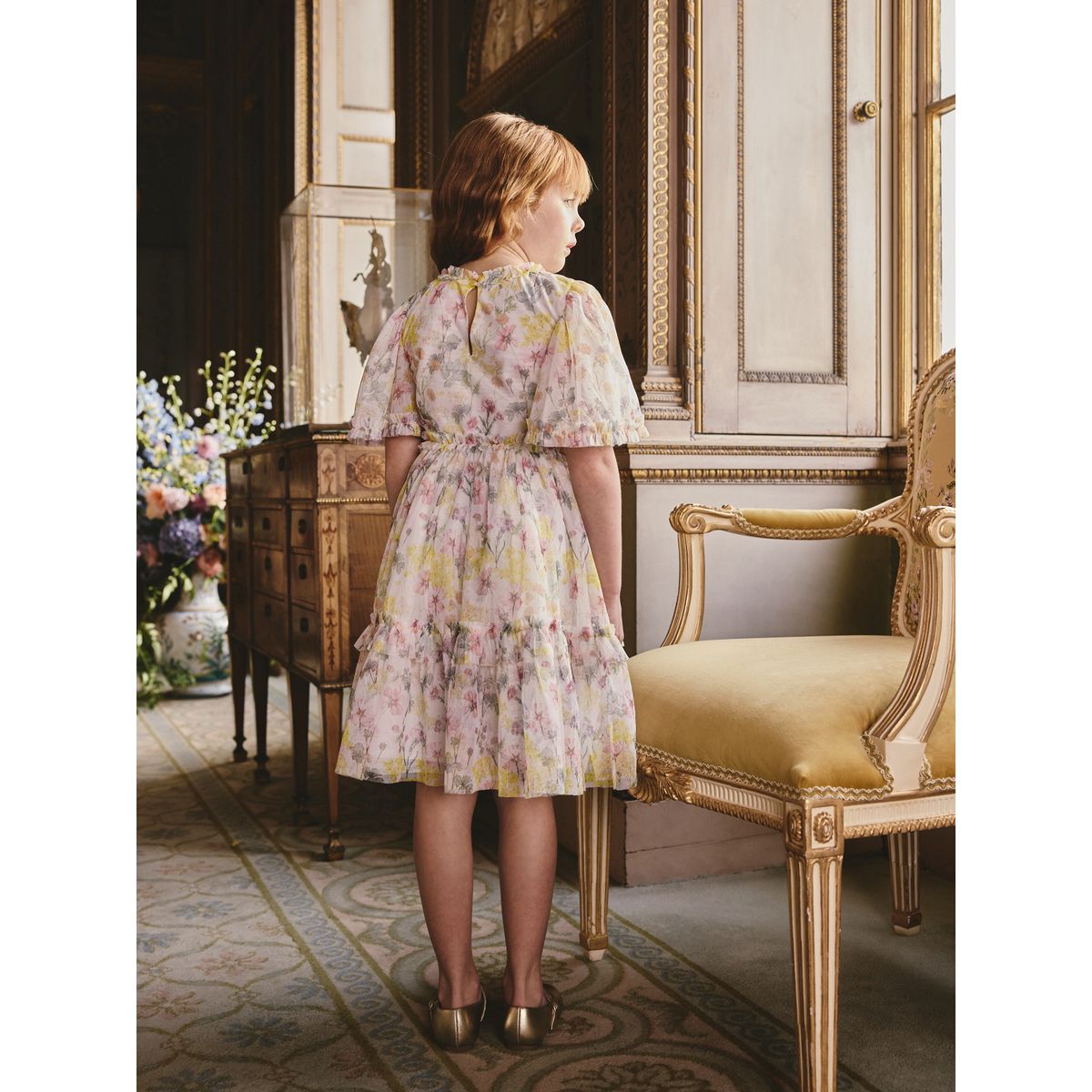 Robe habillée en mesh fleurie et manches ange jaune, NEXT