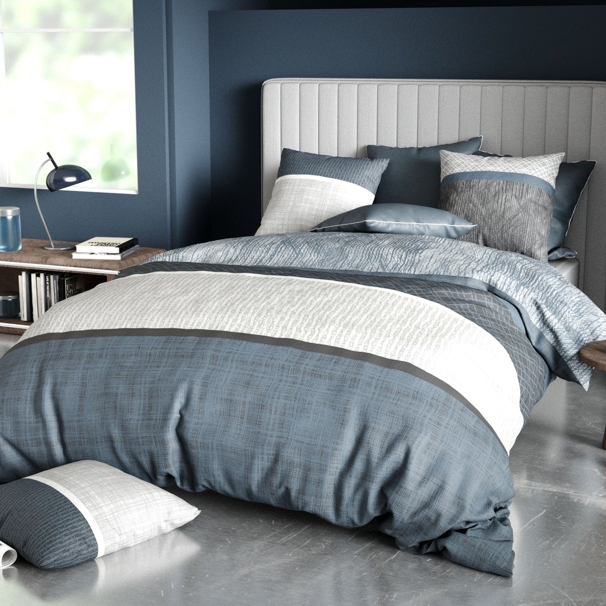Parure de lit en 100% coton à motifs avec housse de couette + taie d’oreiller bleu, EDEN