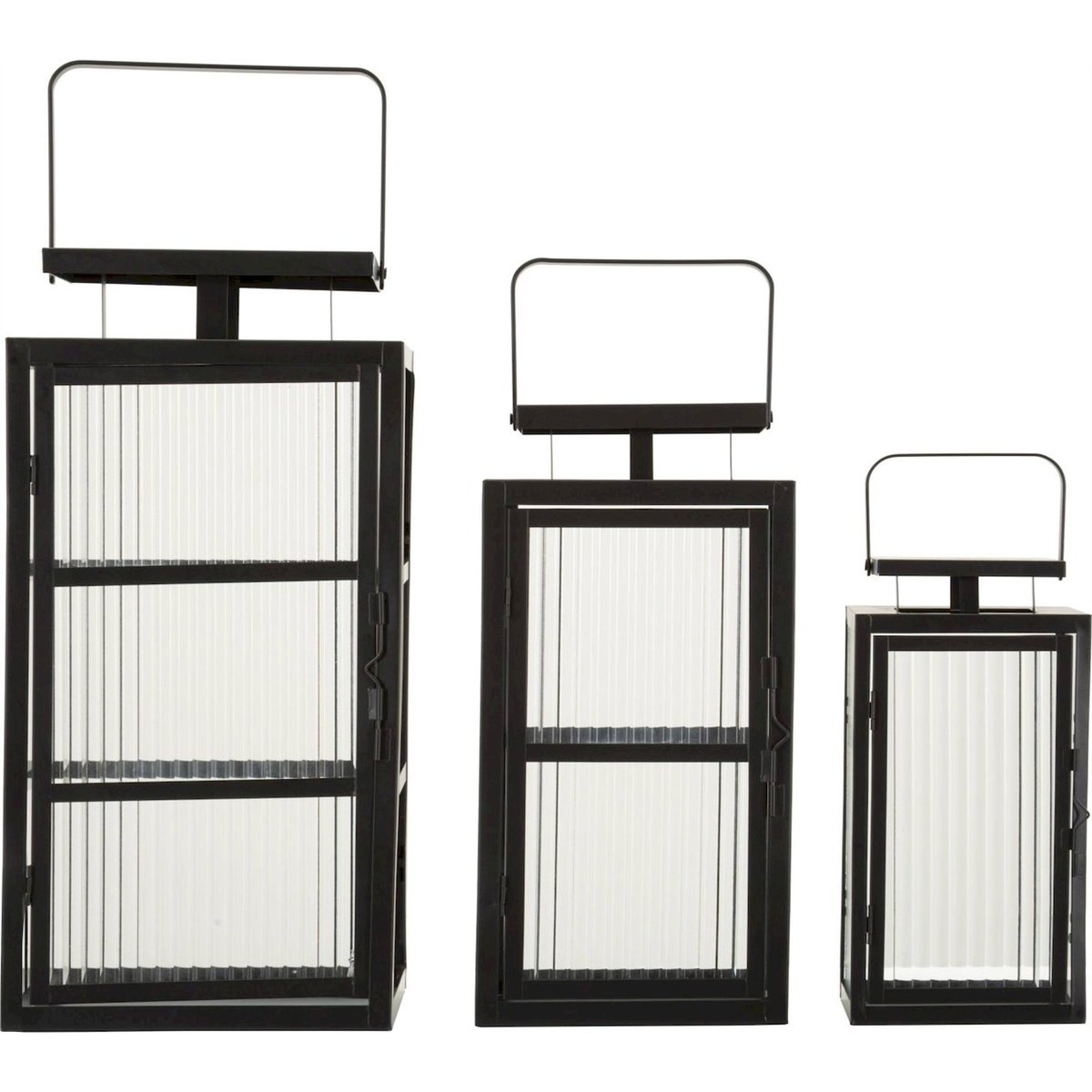 Lot de 3 lanternes en métal et verre strié noir et verre transparent, RECOLLECTION
