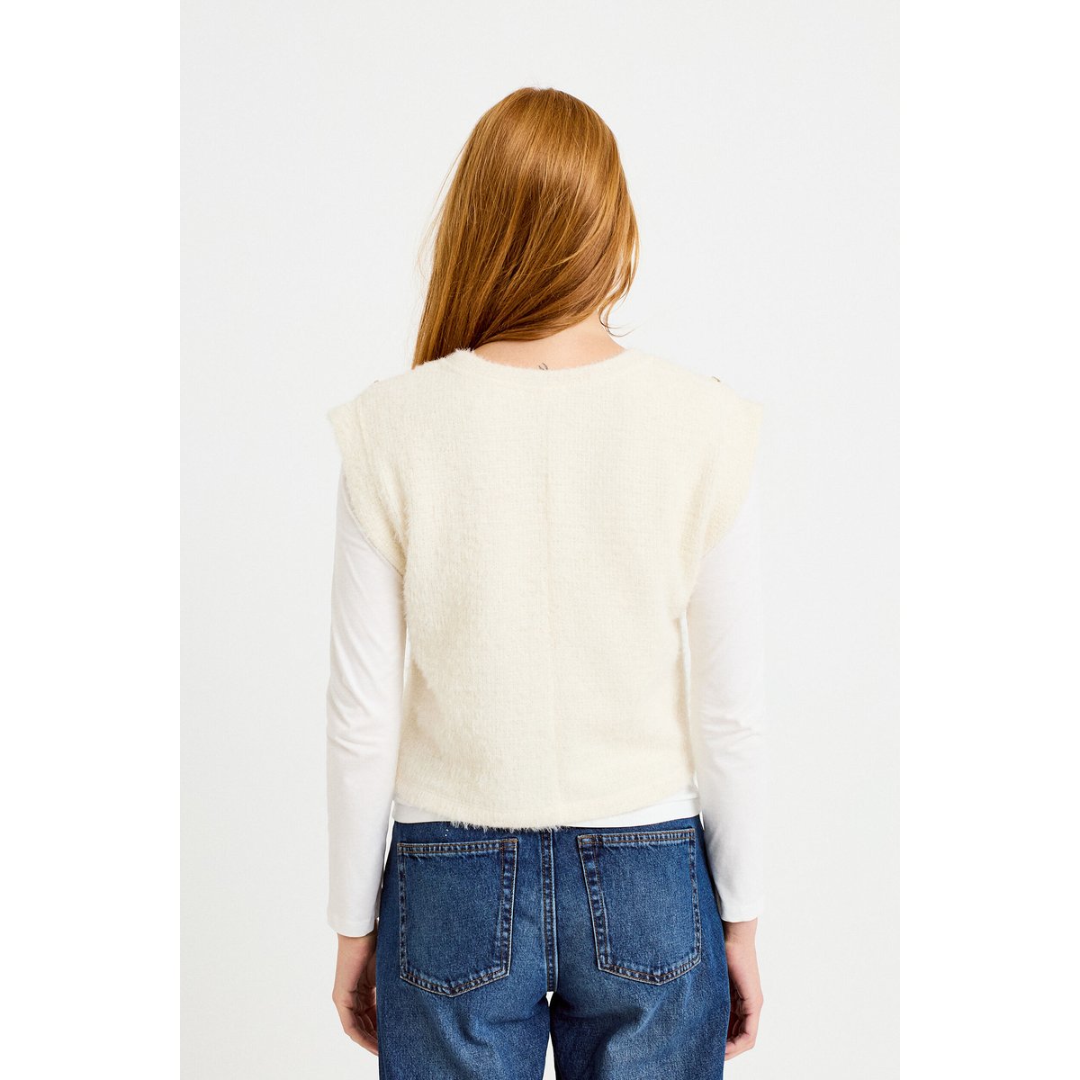Pull 2-en-1 manches longues col rond ecru, CACHE CACHE