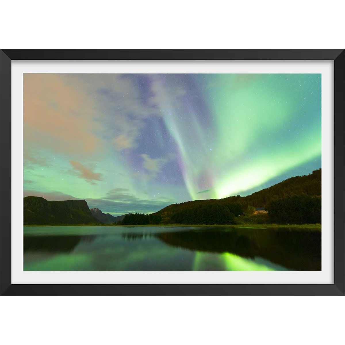 Affiche paysage norwayliht lofoten affiche + cadre en bois - noir, HEXOA