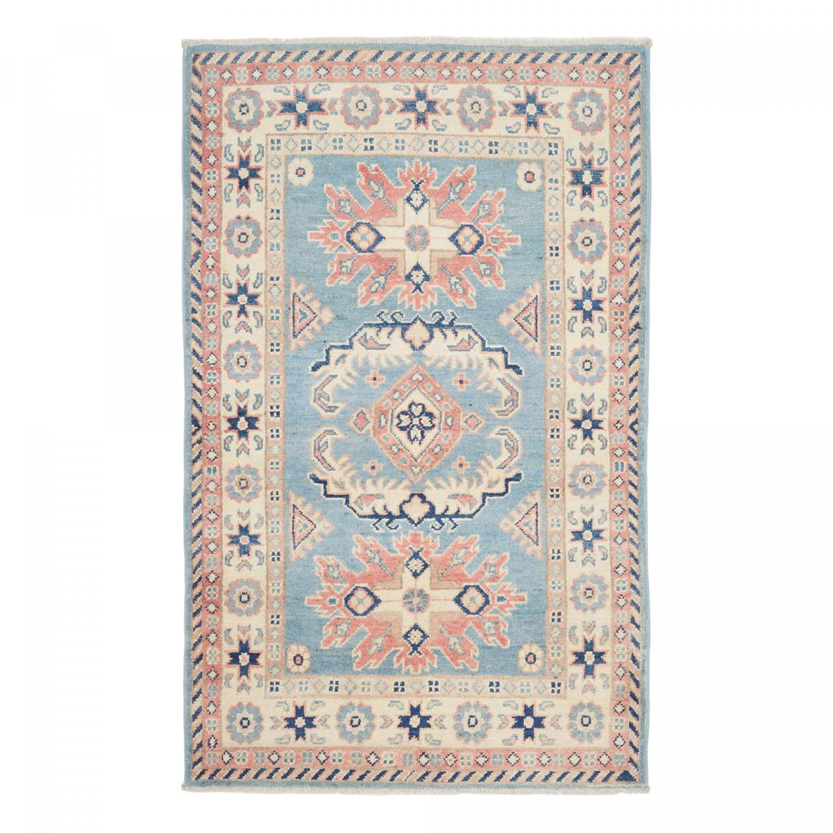 Tapis salon traditionnel, noué main en laine, KAZAK CO 55 bleu, crème, rose, UN AMOUR DE TAPIS