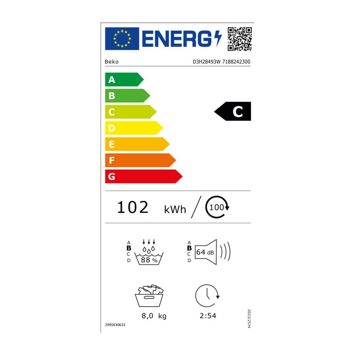 Sèche linge pompe à chaleur D3H28493W couleur unique, BEKO