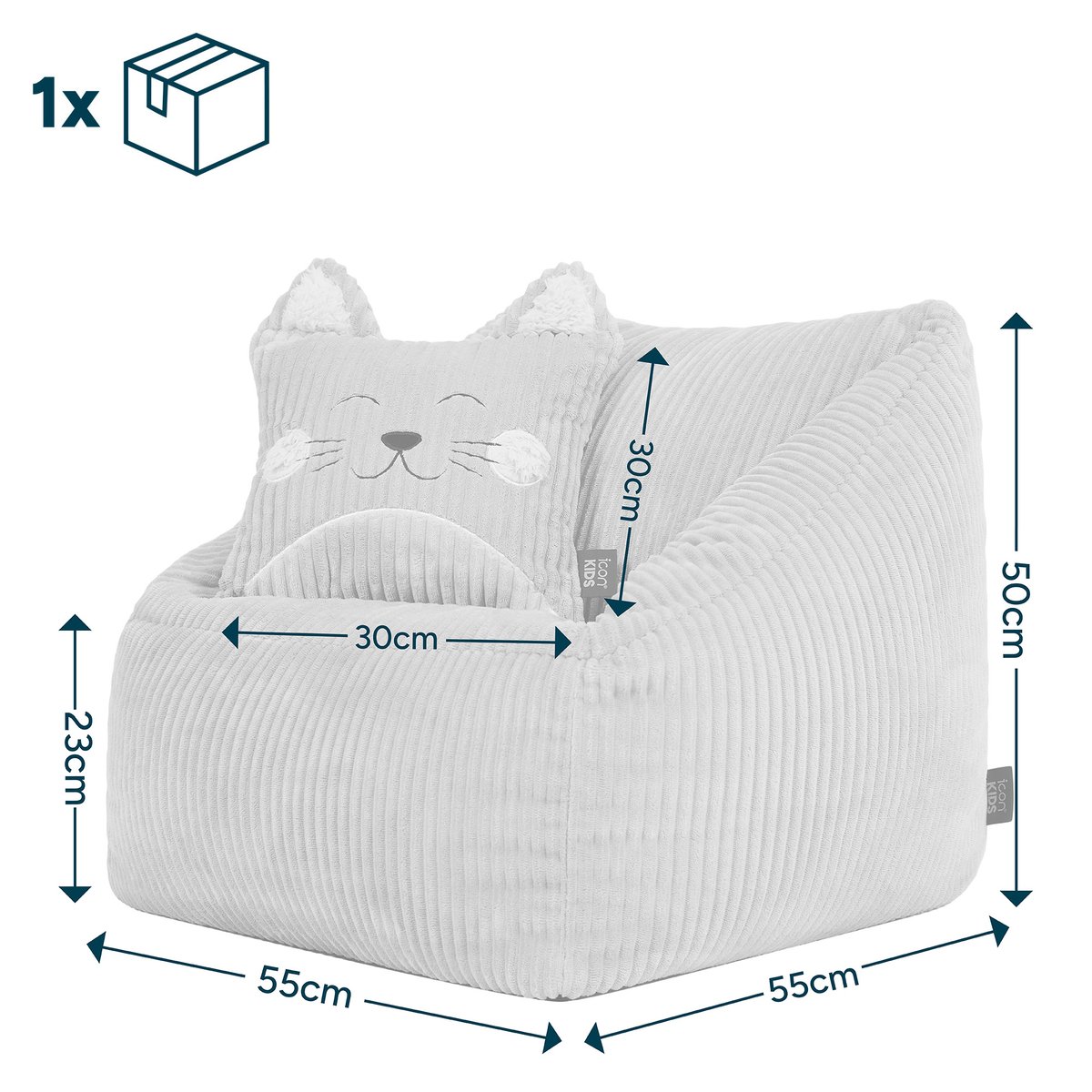 Pouf fauteuil enfant avec coussin animal en velours côtelé Oeko-Tex® - NATALIA rose chat, ICON