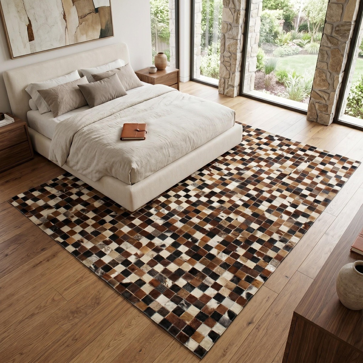 Tapis en cuir recyclé motif damier CUIR damier marron, THE DECO FACTORY