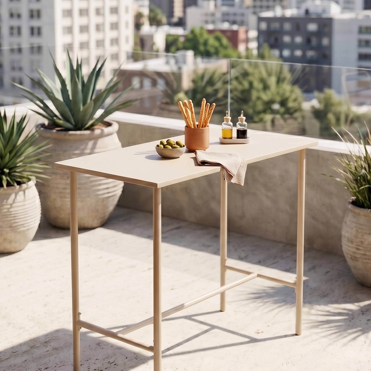 Table de jardin haute en acier, PALAVAS ivoire, OVIALA