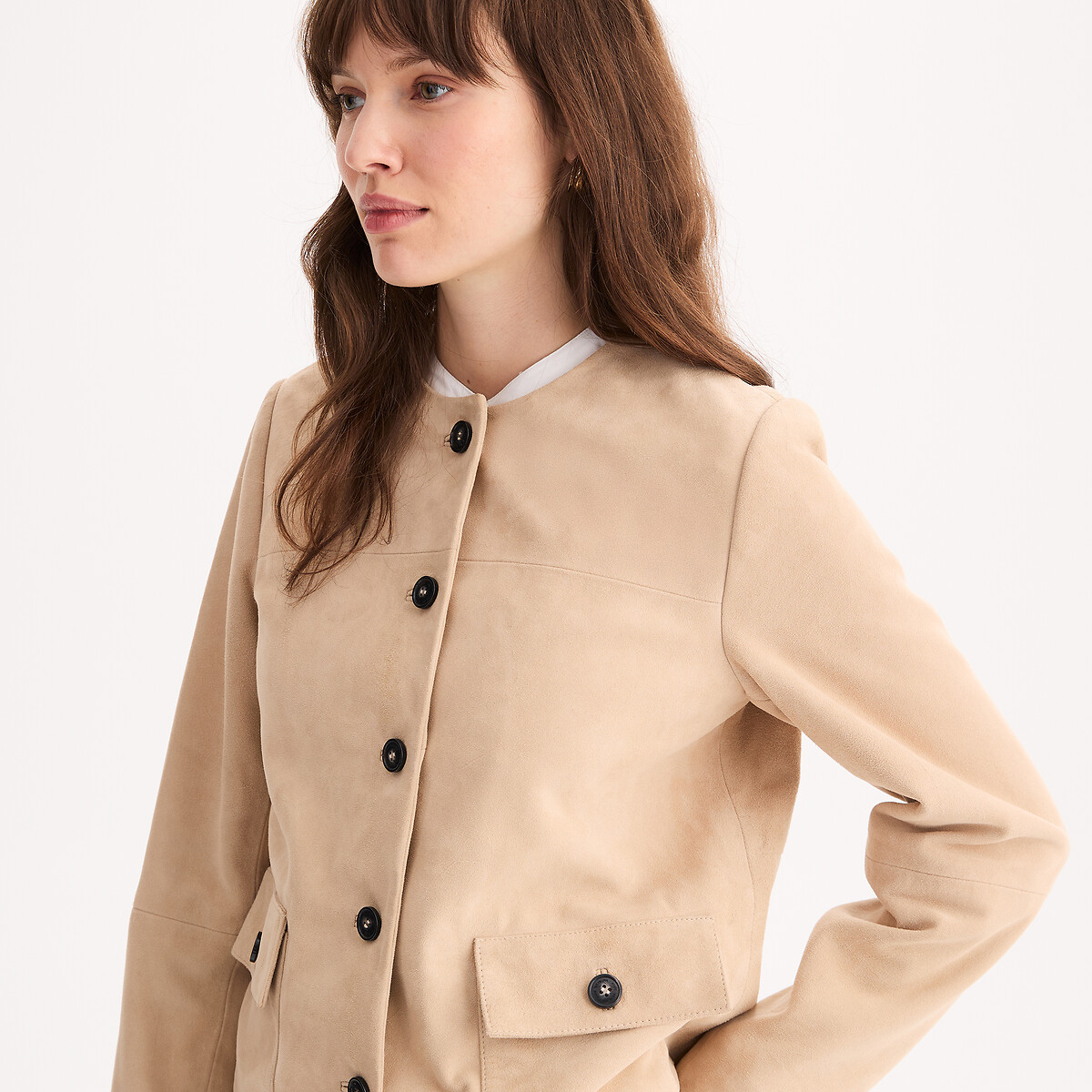 Blouson, fermeture pressionnée, en cuir de chèvre beige clair, ANNE WEYBURN