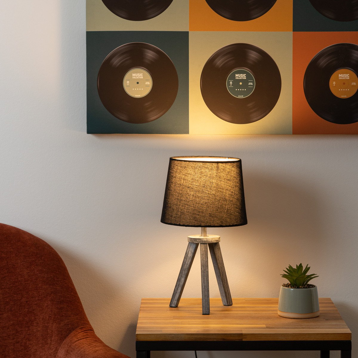 Lampe mini trépied bois MINI noir, ATMOSPHERA