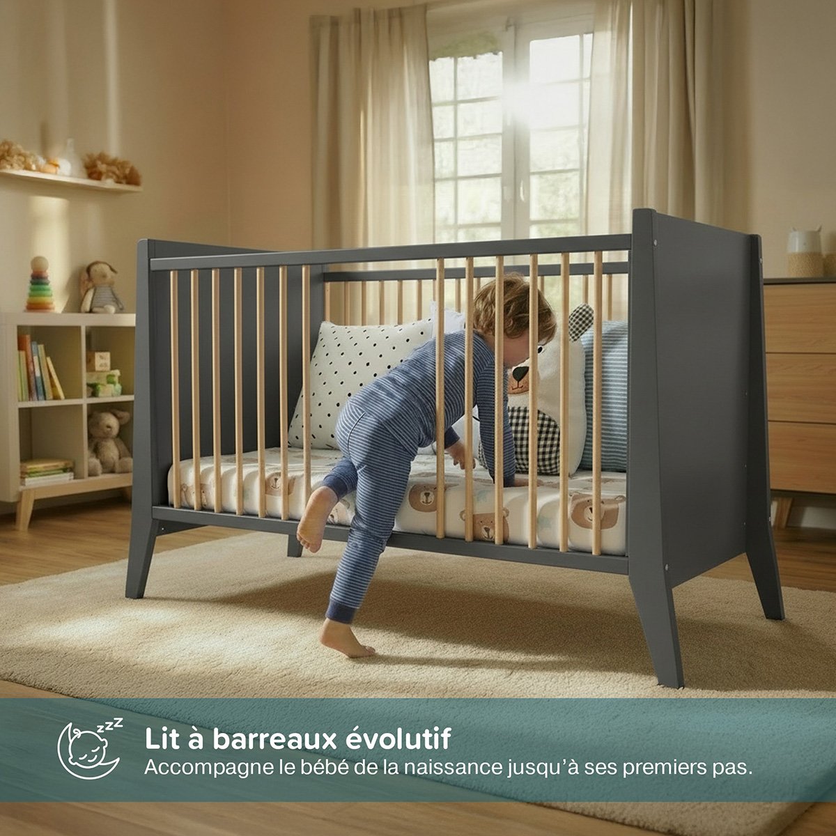 Lit bébé évolutif Timeo - Espace qui grandit gris, MINEA