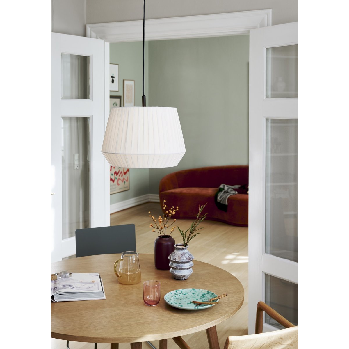 Suspension abat-jour en coton plissé en textile, DICTE 40 blanc, NORDLUX
