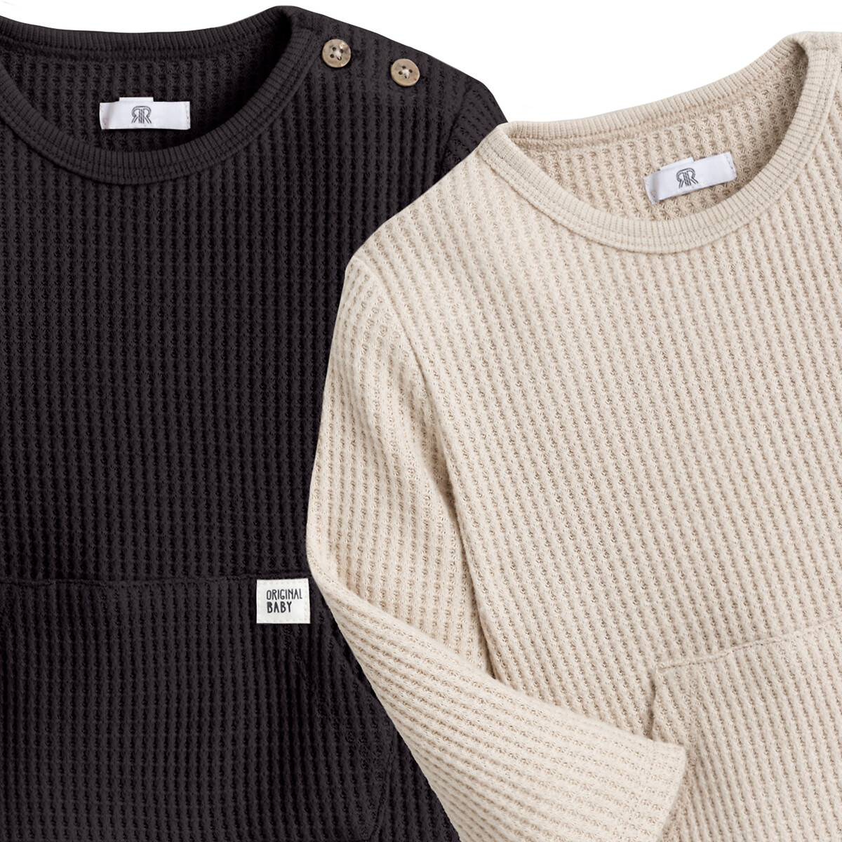 Set van 2 T-shirts met lange mouwen antracietgrijs / keibeige, LA REDOUTE COLLECTIONS