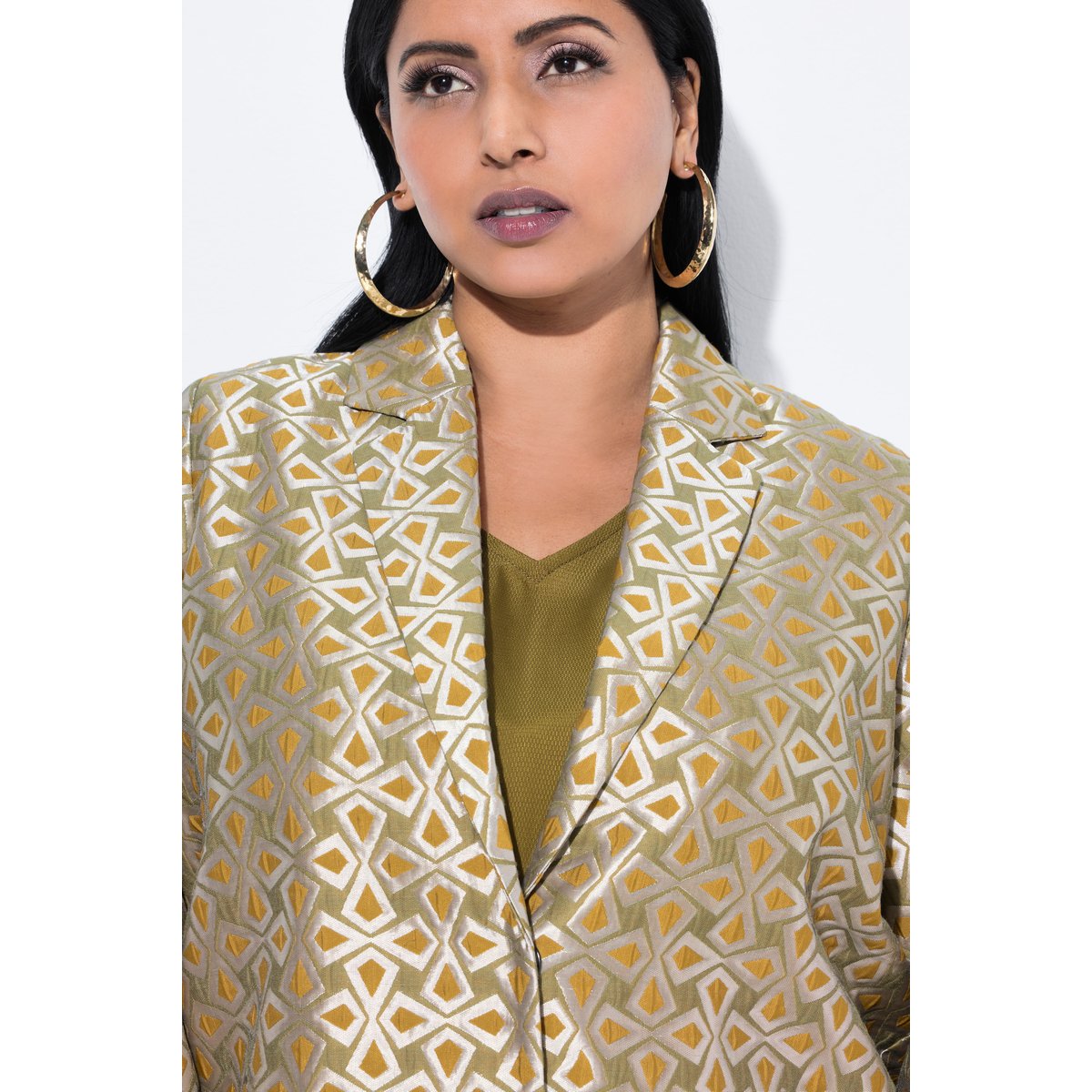 Veste jacquard avec col à revers et manches vert olive, ULLA POPKEN